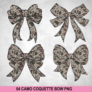 May include: Four decorative bows with a camouflage pattern in shades of brown, tan, and gray. The bows vary in style, with different ribbon shapes and knot designs. The text "04 CAMO COQUETTE BOW PNG" is at the bottom.