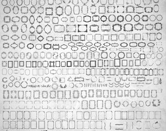 May include: A collection of over 350 vintage frame designs in various shapes and styles, including oval, rectangular, and floral motifs. The frames are in black and white, suitable for digital art projects. Text at the bottom reads "350+ VINTAGE FRAMES PNG SVG".