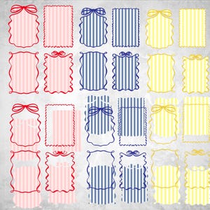 May include: A collection of twenty-four rectangular frames with striped patterns in pink, blue, and yellow. Each frame has a decorative border and a bow or ribbon at the top, set against a textured gray background.