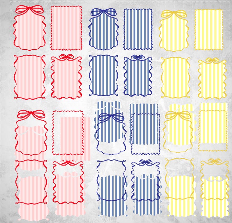 May include: A collection of twenty-four rectangular frames with striped patterns in pink, blue, and yellow. Each frame has a decorative border and a bow or ribbon at the top, set against a textured gray background.