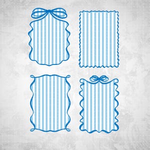 May include: Four blue and white striped frames with decorative edges and bows. The frames have a vertical striped pattern and are outlined in a darker blue. The background is a textured, off-white color.
