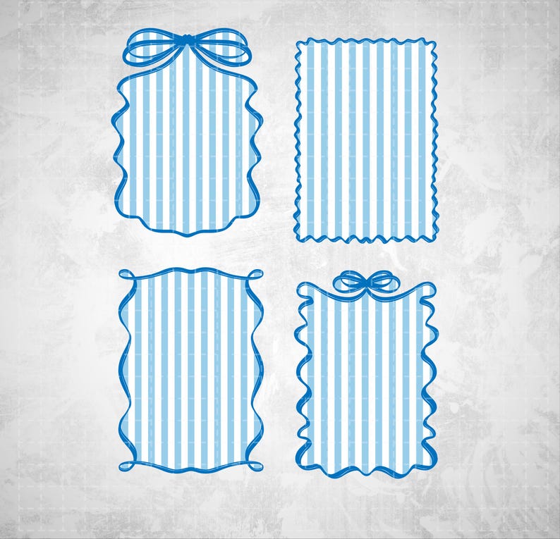 May include: Four blue and white striped frames with decorative edges and bows. The frames have a vertical striped pattern and are outlined in a darker blue. The background is a textured, off-white color.