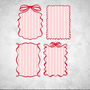 May include: Four decorative frames with a red and white striped pattern. Each frame has a red border, with two frames featuring a bow at the top. The frames have different shapes, including rectangular and scalloped edges.