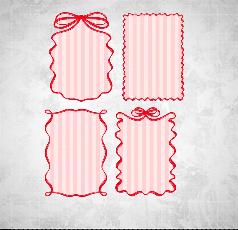 May include: Four decorative frames with a red and white striped pattern. Each frame has a red border, with two frames featuring a bow at the top. The frames have different shapes, including rectangular and scalloped edges.