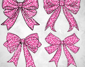 May include: Four pink bows with a leopard print pattern. The bows are in different styles, with varying ribbon lengths and shapes. The text "04 PNG DESIGNS" is at the bottom of the image.