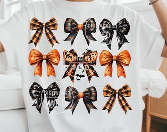 Fiocco di Halloween PNG, design della stagione spettrale Coquette, fiocco vintage glitterato a quadretti in sublimazione