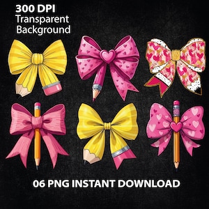 Pencil Bow PNG, Teacher Pencil Coquette Bow PNG, Coquette Pencil Bow Png Bundle, Coquette Teacher Shirt, Back To School, Teacher Gift, PNG