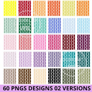 May include: A collection of 60 PNG designs in various colors, each featuring vertical stripes and white polka dots. The designs include a wide range of colors, such as yellow, red, orange, green, blue, pink, purple, brown, black, and beige.