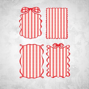 May include: Four decorative frames with red and white striped patterns. Each frame has a red border, with two featuring a bow at the top. The frames have different shapes, including rectangular and scalloped edges, set against a textured gray background.