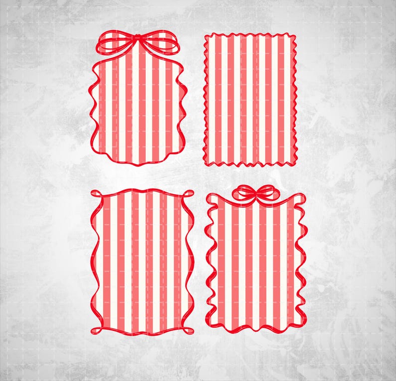 May include: Four decorative frames with red and white striped patterns. Each frame has a red border, with two featuring a bow at the top. The frames have different shapes, including rectangular and scalloped edges, set against a textured gray background.