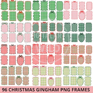 May include: A collection of 96 digital frames featuring various gingham patterns in red, green, and pink color combinations. The frames have scalloped or straight edges, some with bow accents, and are arranged in a grid with the text 96 CHRISTMAS GINGHAM PNG FRAMES.