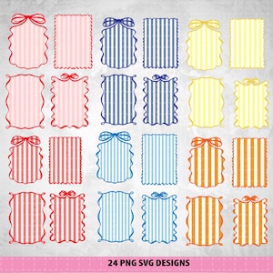 Può includere: Una collezione di 24 design PNG SVG con cornici rettangolari a righe e fiocchi decorativi. Le cornici sono in vari colori, tra cui rosso, rosa, blu, giallo e arancione. Il testo "24 PNG SVG DESIGNS" è in basso.