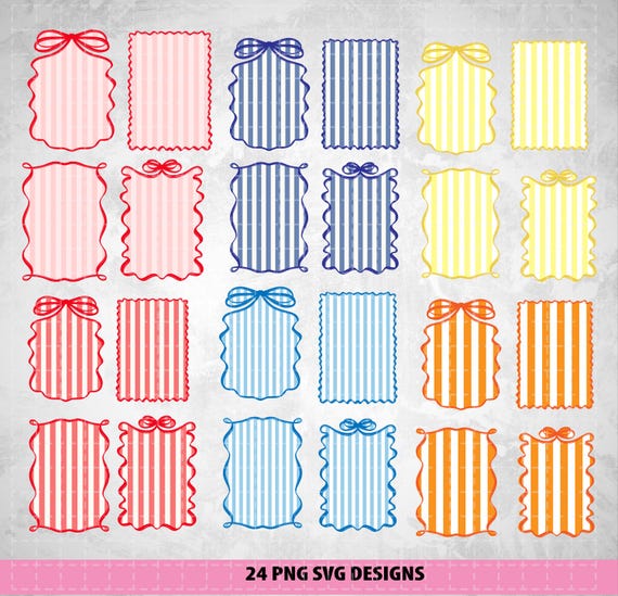 Wavy Striped Frame Clipart Bundle, Hand-Drawn Borders with Bow (PNG, SVG, PDF), Scalloped frames