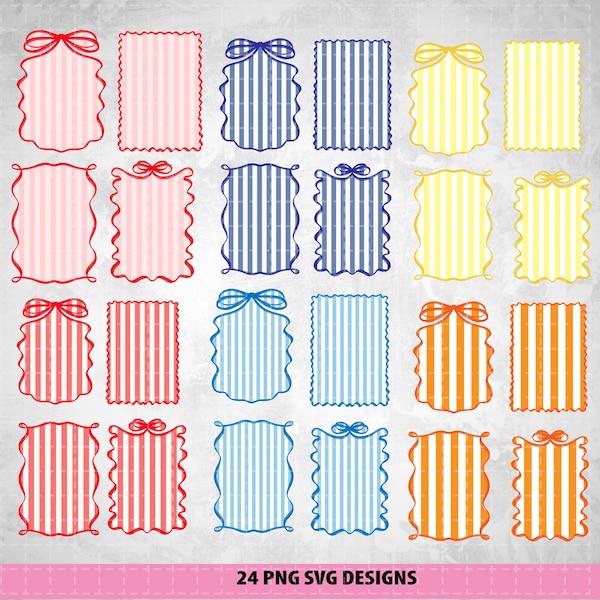Wavy Striped Frame Clipart Bundle, Hand-Drawn Borders with Bow (PNG, SVG, PDF), Scalloped frames