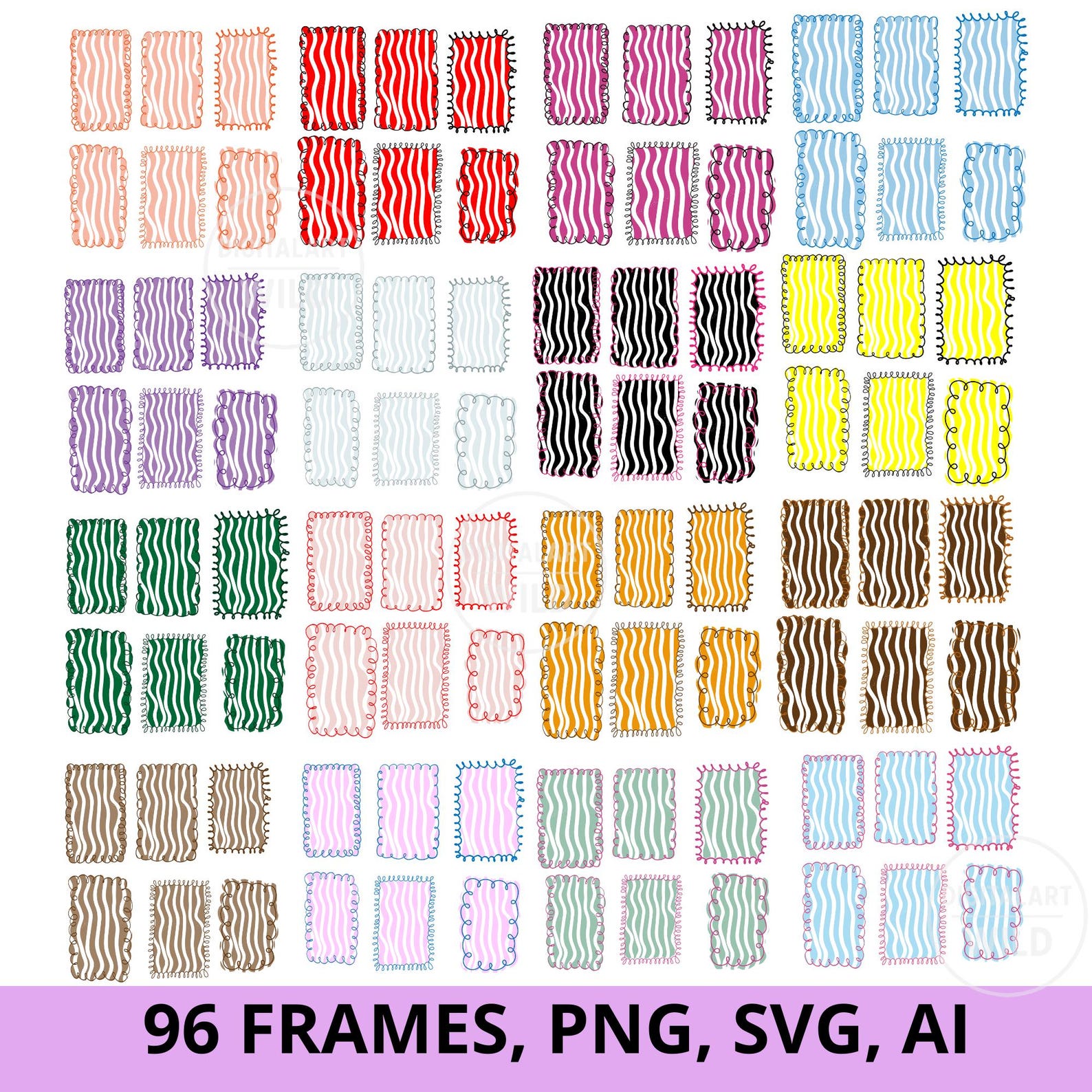 Wavy Frame PNG SVG Bundle, Scalloped Stripe Frames, Colorful Squiggle ...