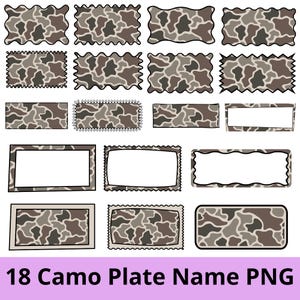 May include: A collection of 18 rectangular labels and frames featuring a brown, tan, and dark gray camouflage pattern. The set includes various border styles such as scalloped, zigzag, stitched, and plain edges, with some frames having white centers.