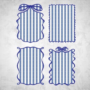 May include: Four decorative frames with blue and white vertical stripes. Each frame has a unique shape, with scalloped edges and bow accents. The frames are set against a textured, off-white background.