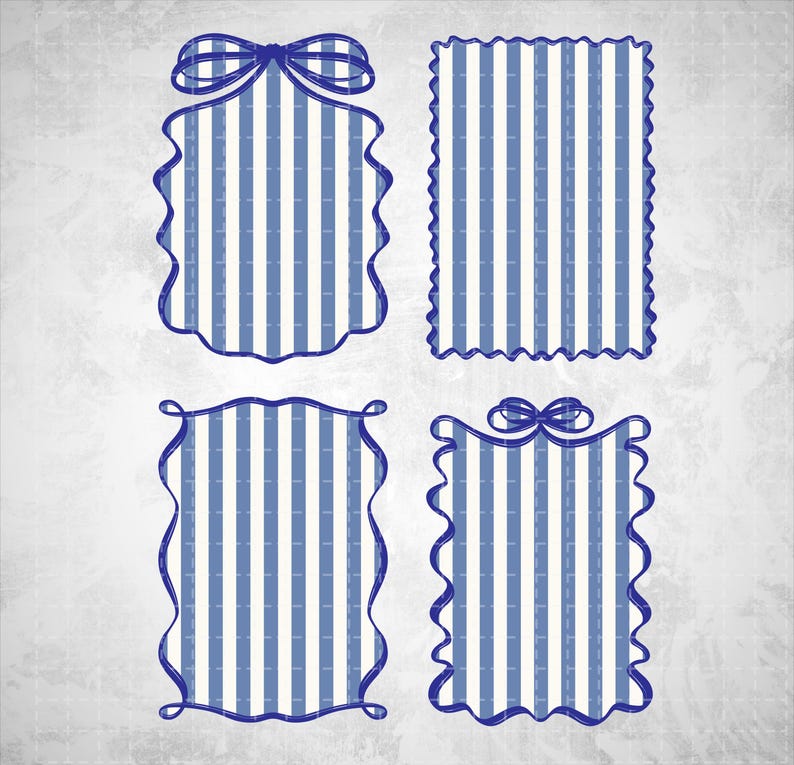 May include: Four decorative frames with blue and white vertical stripes. Each frame has a unique shape, with scalloped edges and bow accents. The frames are set against a textured, off-white background.