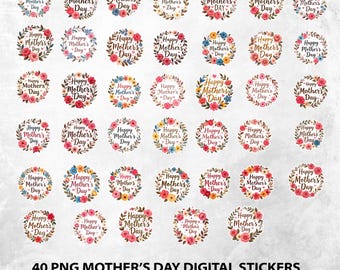 Happy Mother's Day Digital Stickers PNG Bundle, Printable Stickers Mom, Floral Designs Print Mother