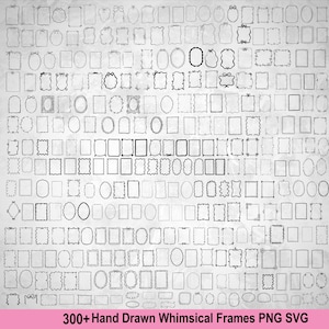 Puede incluir: Una colección de más de 300 marcos caprichosos dibujados a mano en varias formas y estilos, incluyendo rectángulos, óvalos y bordes decorativos. Los marcos son dibujos lineales negros sobre un fondo texturizado blanquecino. El texto en la parte inferior dice "300+ Hand Drawn Whimsical Frames PNG SVG".