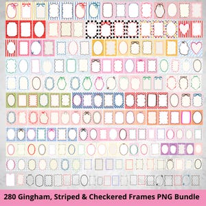 May include: A collection of 280 digital frames featuring various shapes, including rectangles, ovals, and hearts, set against backgrounds of gingham, stripes, and checkered patterns in multiple colors. The text 280 Gingham, Striped & Checkered Frames PNG Bundle is at the bottom.