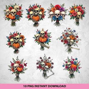 Halloween Skull Bouquet PNG, Floral Halloween Clipart Png, Gothic Bouquet Png, Retro Halloween Png, Skeleton Png, Halloween Sublimation PNG