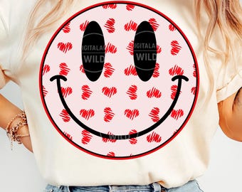 Valentine Smile Face PNG, Trendy Red Heart Pattern Happy Face,  Distressed Love Valentine's day