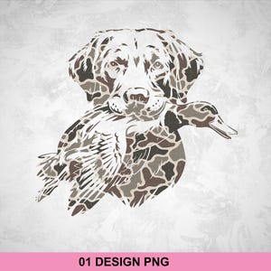 May include: A graphic illustration of a dog holding a duck in its mouth, rendered in a camouflage pattern of brown, gray, and white. The image includes the text "01 DESIGN PNG" at the bottom.