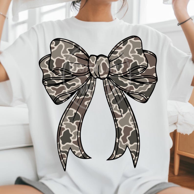 Camo Bow PNG Bundle, 4 Vintage Camouflage Coquette Bows, Neutral Ribbon Clipart, Sublimation Shirt Designs, Digital Download image 7