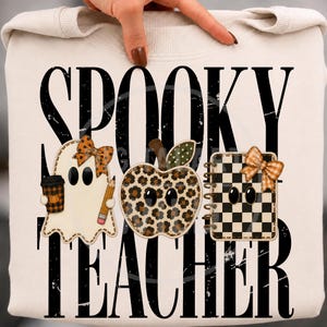Spooky Teacher PNG, Retro patchwork Halloween Teacher Ghost, Leopard Apple Checkered Notebook Fall Sublimation