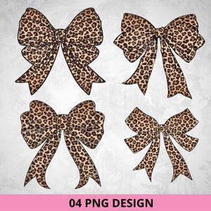 May include: Four leopard print bows in various styles. The bows have a brown and tan spotted pattern. The image includes the text "04 PNG DESIGN" in a pink bar at the bottom.