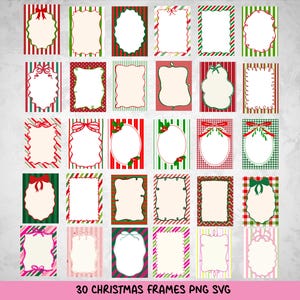 May include: A set of 30 Christmas frames with diverse designs. Each frame has a white interior and decorative borders in red, green, and pink, with striped, polka dot, and bow details. The text "30 CHRISTMAS FRAMES PNG SVG" is at the bottom.