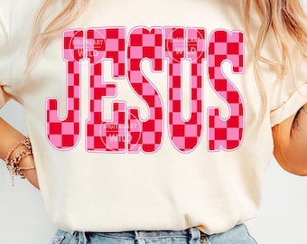 Jesus Varsity Retro Checkered  Png, Jesus Pink Png, Preppy Valentine Christian Design, Graphic Religious png, pink Jesus Sublimation