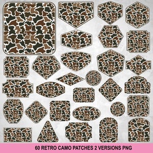 Puede incluir: Una colección de 60 parches retro de camuflaje en varias formas, incluyendo rectángulos, círculos y diamantes. Los parches presentan un patrón de camuflaje marrón, verde y negro. El texto "60 RETRO CAMO PATCHES 2 VERSIONS PNG" está en la parte inferior.