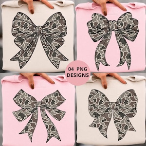 Camo Bow PNG Bundle, 4 Vintage Camouflage Coquette Bows, Neutral Ribbon Clipart, Sublimation Shirt Designs, Digital Download image 1
