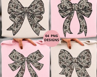 Camo Bow PNG Bundle, 4 Vintage Camouflage Coquette Bows, Neutral Ribbon Clipart, Sublimation Shirt Designs, Digital Download