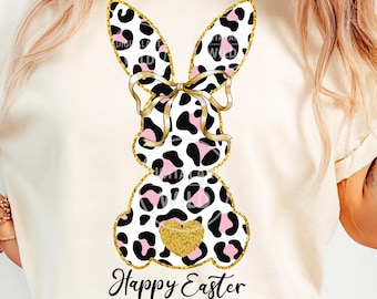 Leopard Easter Bunny PNG, Coquette Bow Rabbit, Happy Easter Design, Glitter Outline Spring  Sublimation