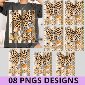 Può includere: Una collezione di otto design grafici digitali con un fiocco leopardato combinato con una matita, su uno sfondo a strisce verticali e pois, con etichette di testo che vanno dalla scuola materna alla sesta classe.