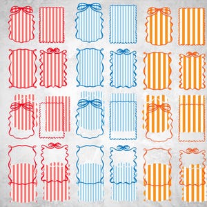 May include: A collection of decorative rectangular frames with striped patterns in red, blue, and orange. Each frame features a bow at the top and a scalloped or wavy edge, set against a textured, light gray background.