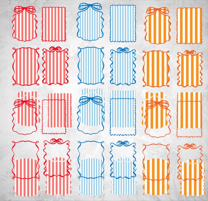 May include: A collection of decorative rectangular frames with striped patterns in red, blue, and orange. Each frame features a bow at the top and a scalloped or wavy edge, set against a textured, light gray background.