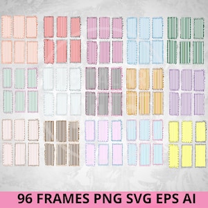 May include: A collection of 96 rectangular frames with vertical stripes in various colors, including red, pink, green, and yellow. Each frame has a decorative border. The text "96 FRAMES PNG SVG EPS AI" is at the bottom.