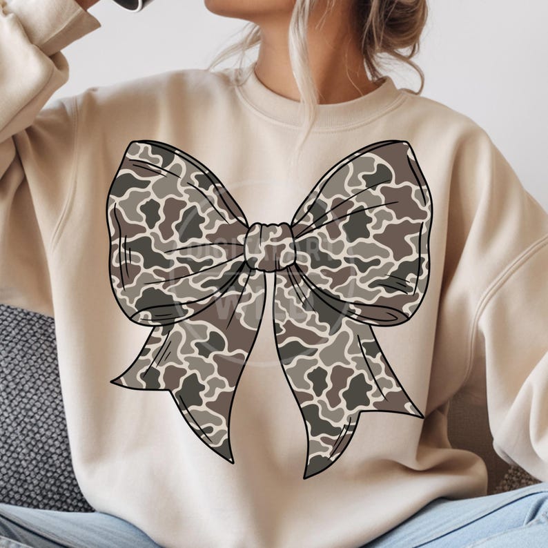 Camo Bow PNG Bundle, 4 Vintage Camouflage Coquette Bows, Neutral Ribbon Clipart, Sublimation Shirt Designs, Digital Download image 11