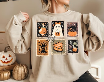 Vintage Halloween Stamp PNG, Ghost Pumpkin Cat Clipart, Spooky Season Collage, Retro Fall Sublimation