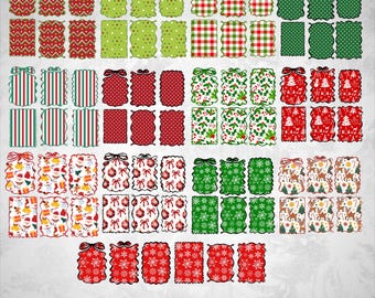 Può includere: Una collezione di 78 cornici natalizie con vari design. Le cornici presentano motivi a pois, righe e illustrazioni festive in rosso, verde e bianco. Ogni cornice ha un bordo decorativo e un fiocco.