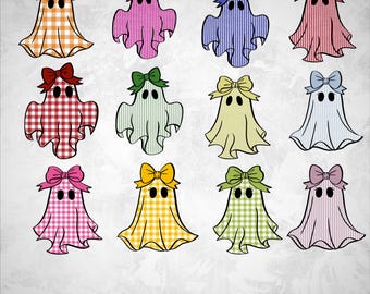 Op de afbeelding: Twaalf kleurrijke spookontwerpen met strikken, met verschillende patronen zoals ruitjes en strepen. Elke geest heeft een andere gekleurde strik en een uniek patroon, perfect voor Halloween-thema's. De tekst "12 PNG DESIGNS" staat onderaan.