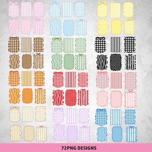 May include: A selection of 72 PNG designs showcasing diverse patterns and colours. The designs include gingham, polka dots, stripes, and scalloped edges, with bows and ribbons. Colours include pink, blue, yellow, green, orange, red, and beige.
