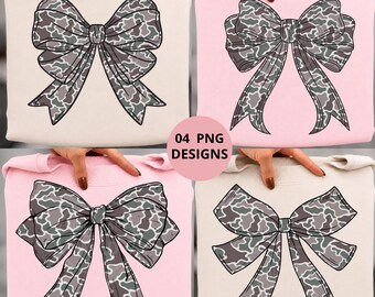 Camo Bow PNG Bundle, 4 Vintage Camouflage Coquette Bows, Ribbon PNG, Girly Camo Shirt Design, Sublimation Digital Download