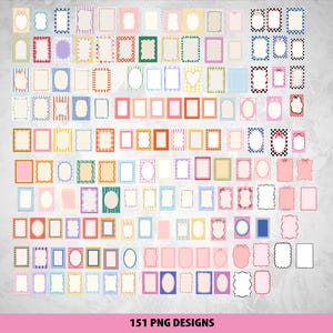 Op de afbeelding: Een verzameling van 151 PNG-ontwerpen met diverse kleurrijke frames. De frames hebben verschillende vormen, waaronder rechthoeken, ovalen en harten, met decoratieve randen in pastelkleuren. De tekst "151 PNG DESIGNS" staat onderaan.