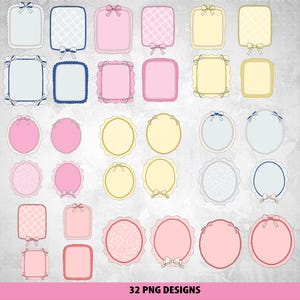 May include: A collection of 32 PNG designs featuring various frames and labels. The designs include rectangular, square, and circular shapes in pastel colors like pink, blue, and yellow. Each design is adorned with bows and decorative edges.