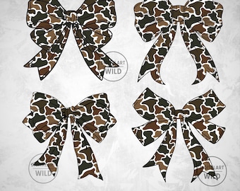 May include: Four digital bow designs with a camouflage pattern in shades of brown, green, and white. The bows have a classic shape with long, flowing tails. The text "04 PNG DESIGN" is at the bottom.
